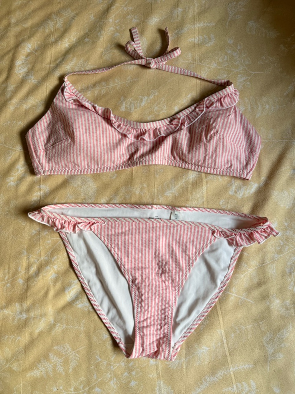 aerie Pink and White Striped Bikini Top with Ruffle Trim